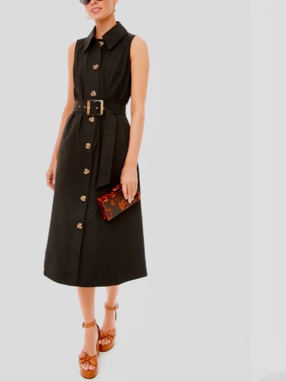 Tuckernuck Black Sleeveless Chamberlain Button-Front Belted Midi Dress